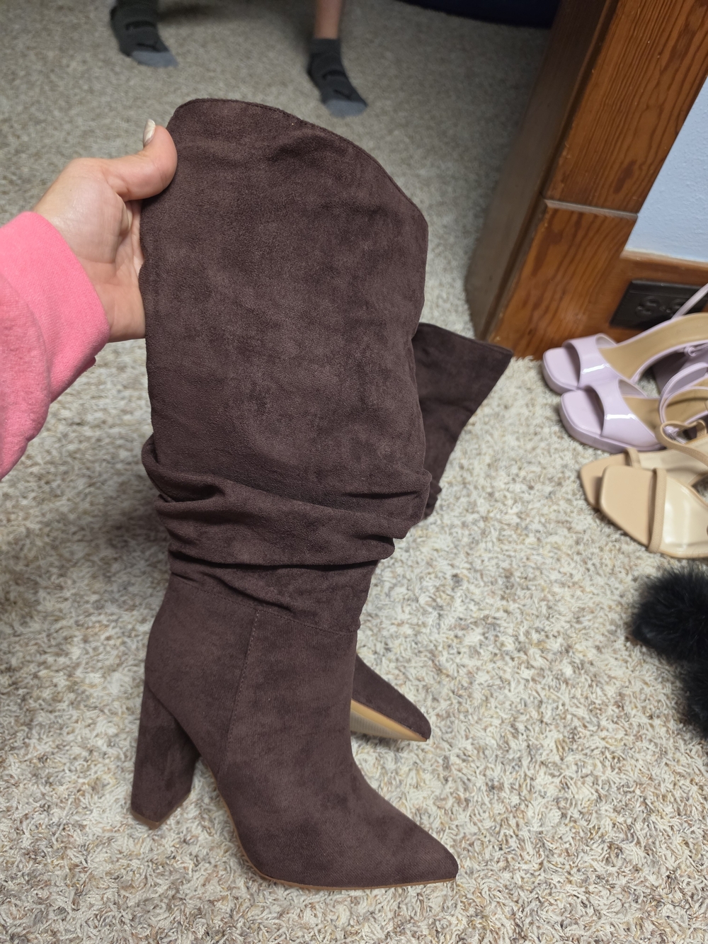 Women's Brown Suede Slouch Block Heel Boots